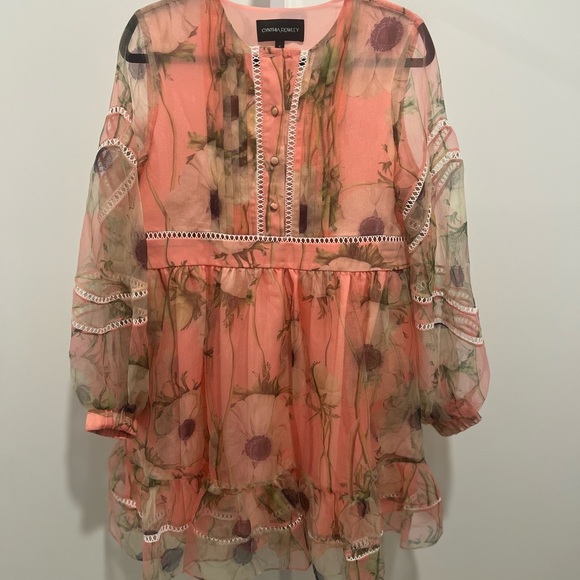 Coral Floral Sheer Dress- CYNTHIA ROWLEY ORGANZA DRESS - Picture 2 of 4